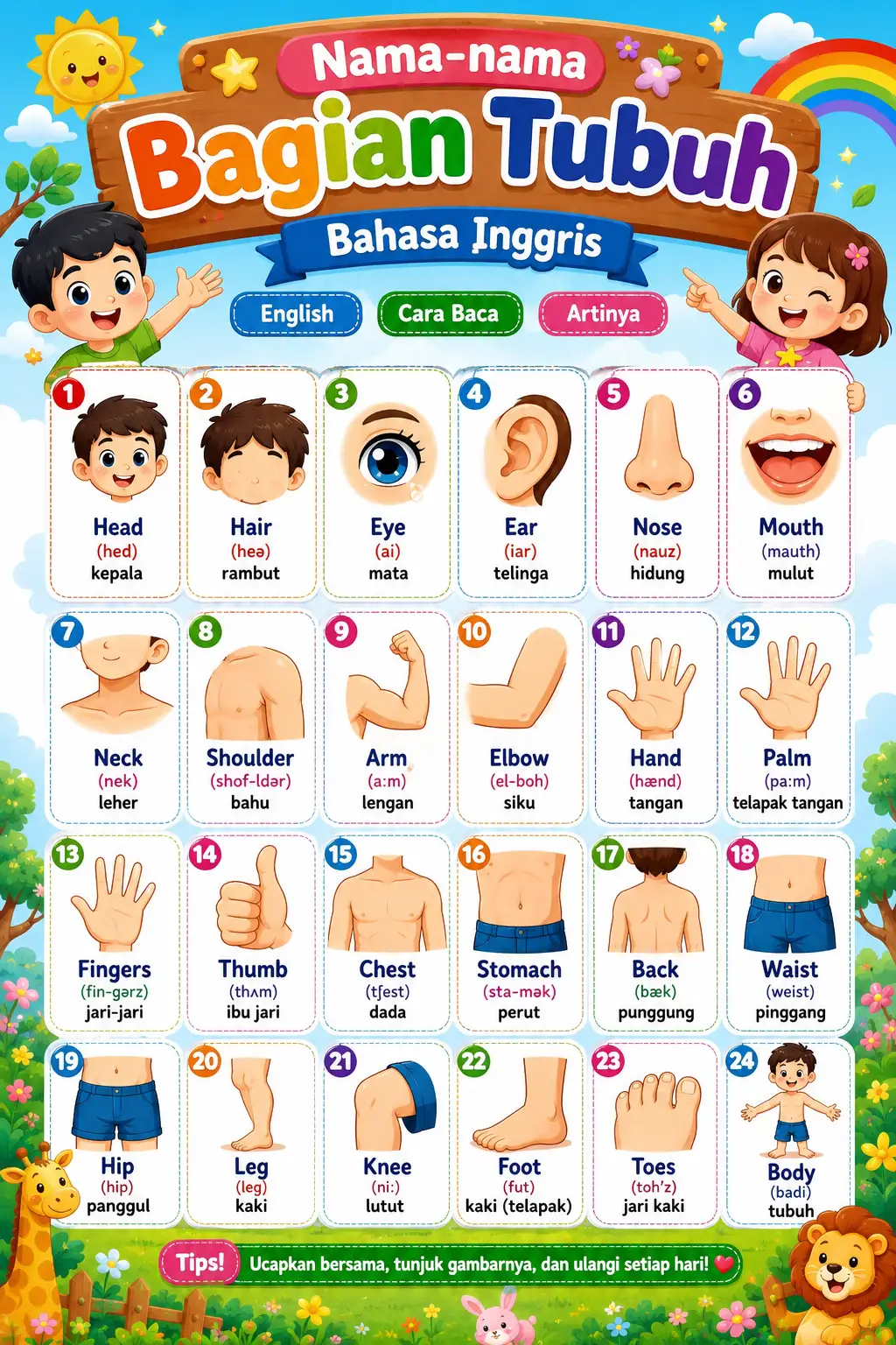 Poster Edukasi Anak Nama Bagian Tubuh Bilingual Indonesia Inggris A3+ Media Belajar Anak PAUD TK Terbaru