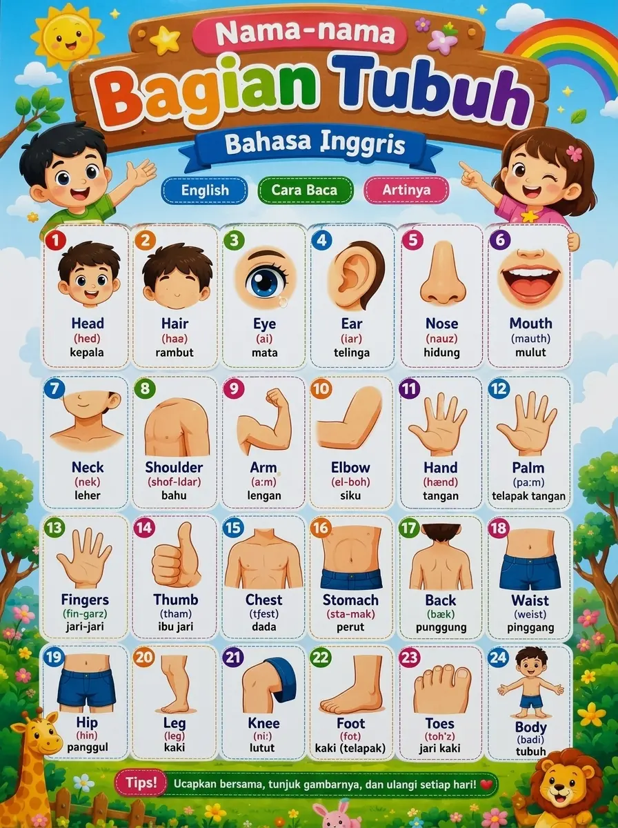 Poster Edukasi Anak Nama Bagian Tubuh Bilingual Indonesia Inggris A3+ Media Belajar Anak PAUD TK Terbaru