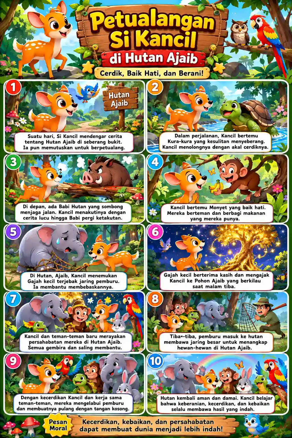 Poster Edukasi Anak Petualangan Si Kancil di Hutan Ajaib - Hiasan Dinding Kamar Dongeng A3+