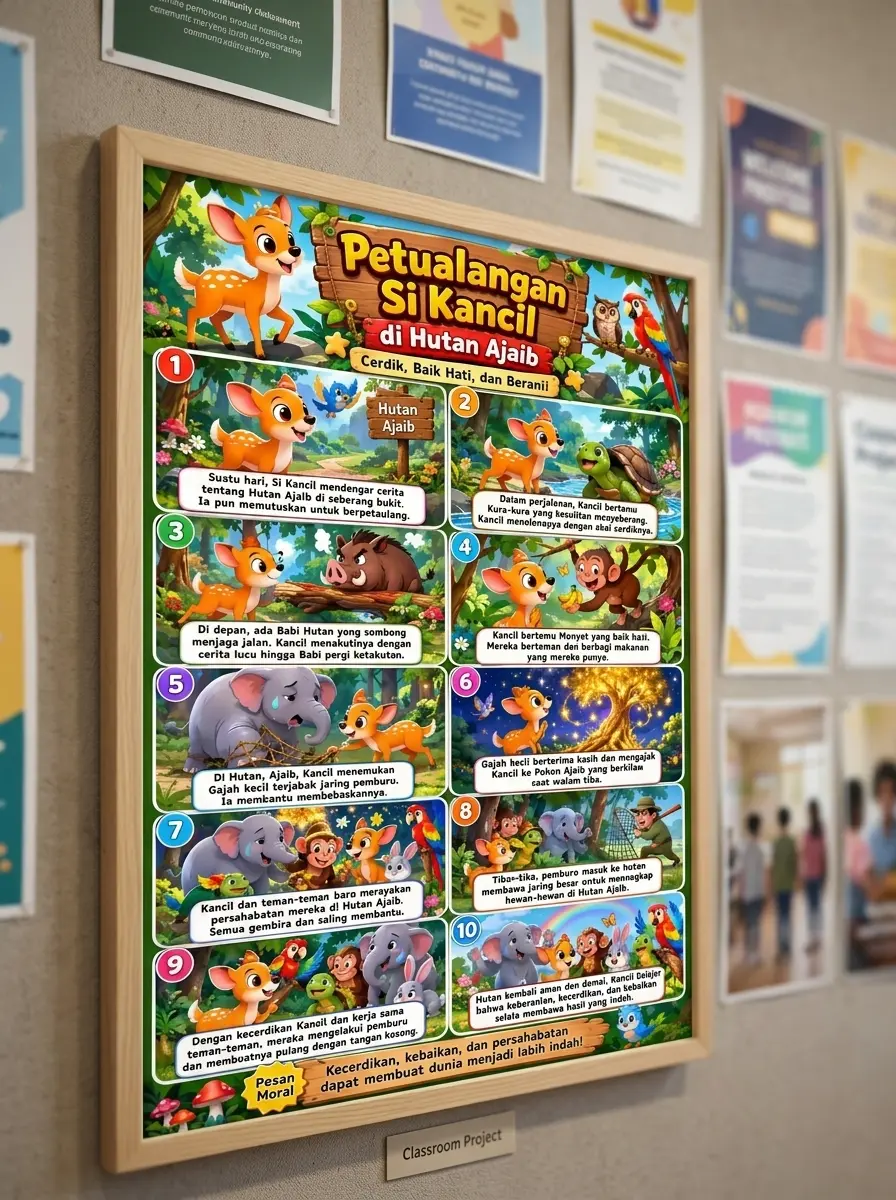Poster Edukasi Anak Petualangan Si Kancil di Hutan Ajaib - Hiasan Dinding Kamar Dongeng A3+