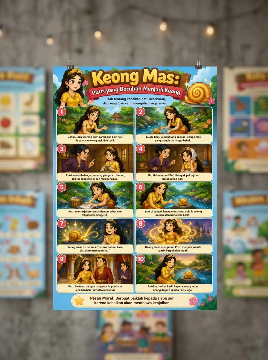 Poster Edukasi Anak Keong Mas Cerita Rakyat Dongeng Nusantara High Quality