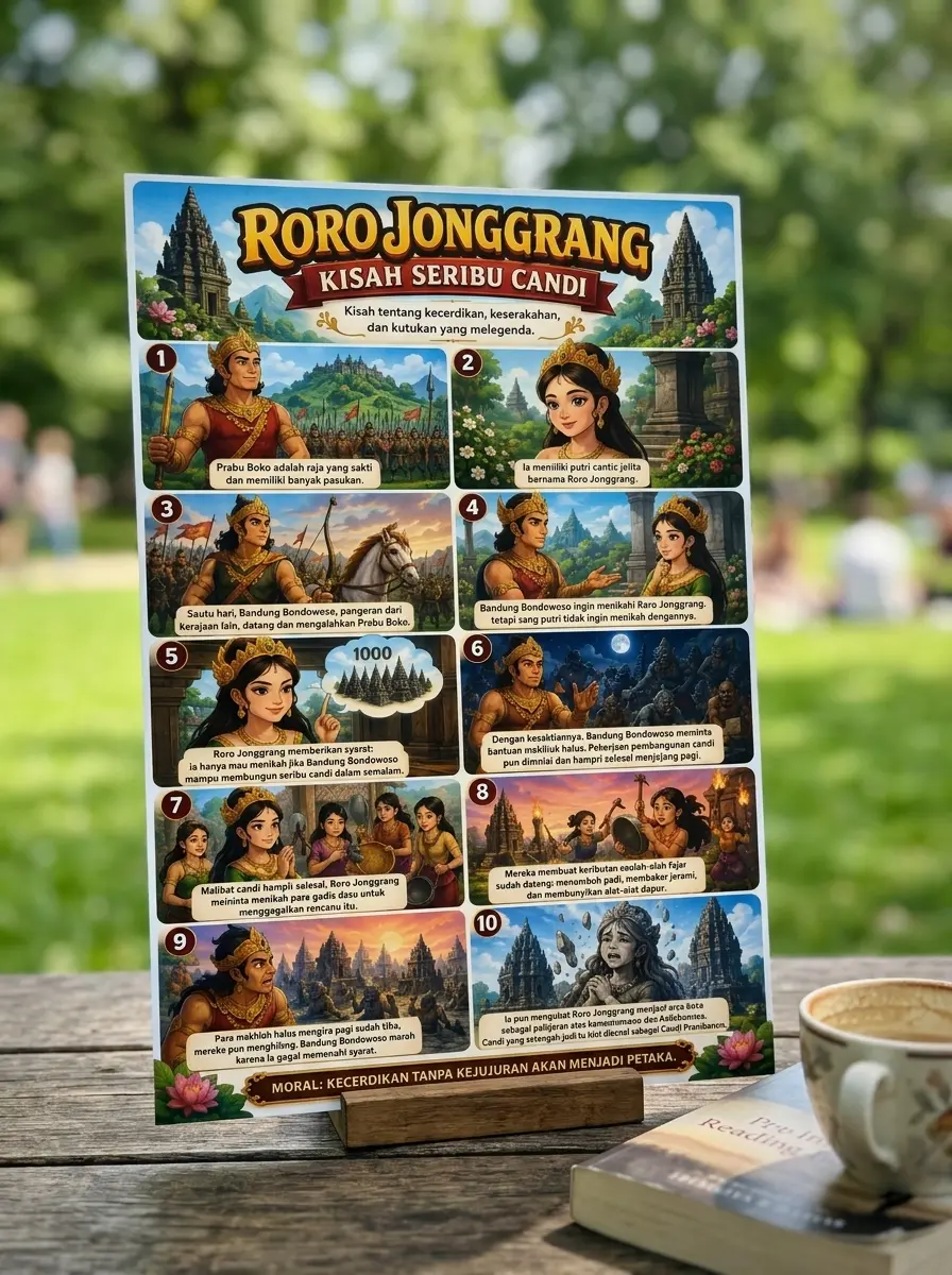 Poster Edukasi Anak Legenda Roro Jonggrang & Candi Prambanan Cerita Rakyat Nusantara Media Belajar