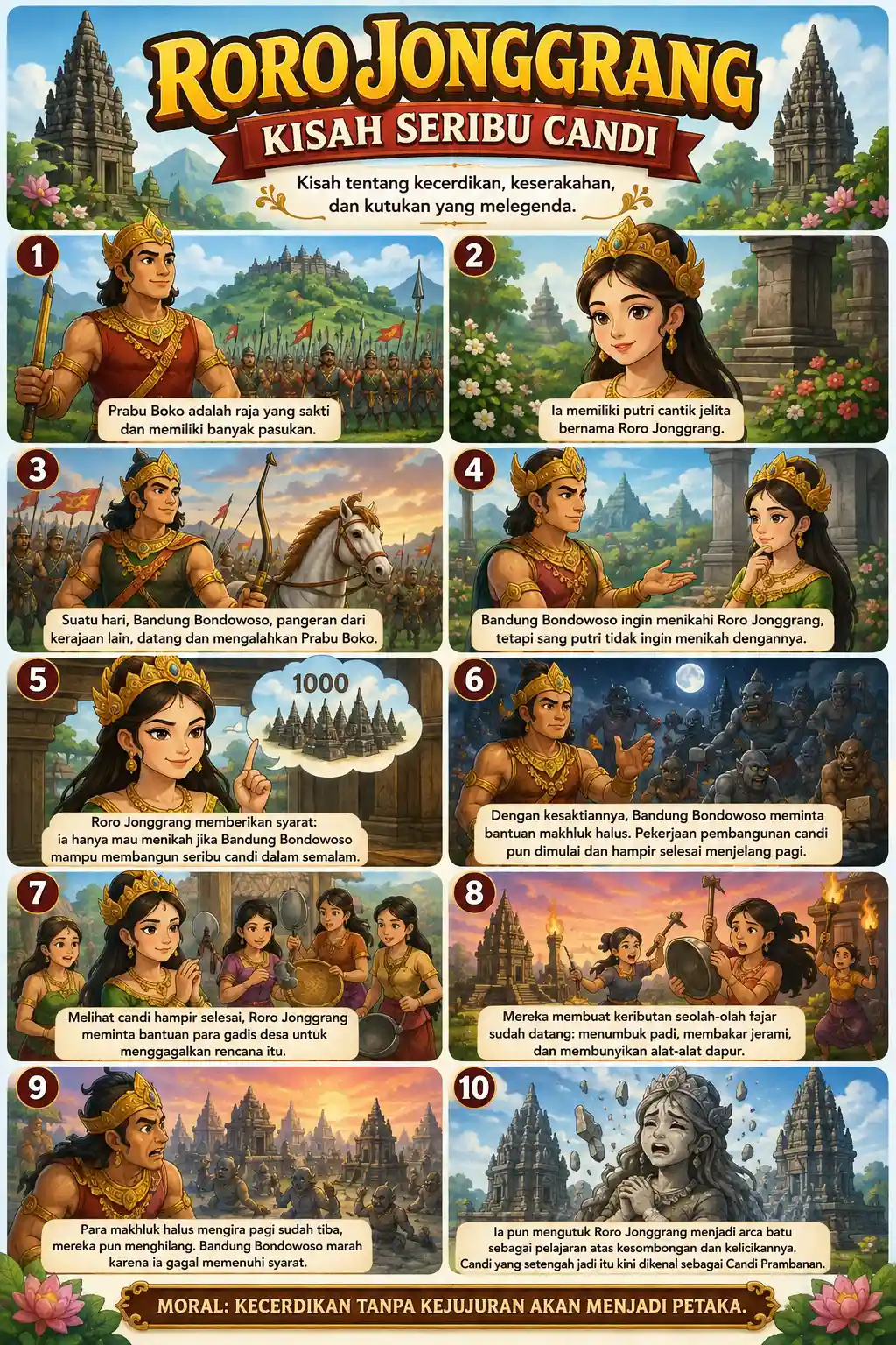 Poster Edukasi Anak Legenda Roro Jonggrang & Candi Prambanan Cerita Rakyat Nusantara Media Belajar