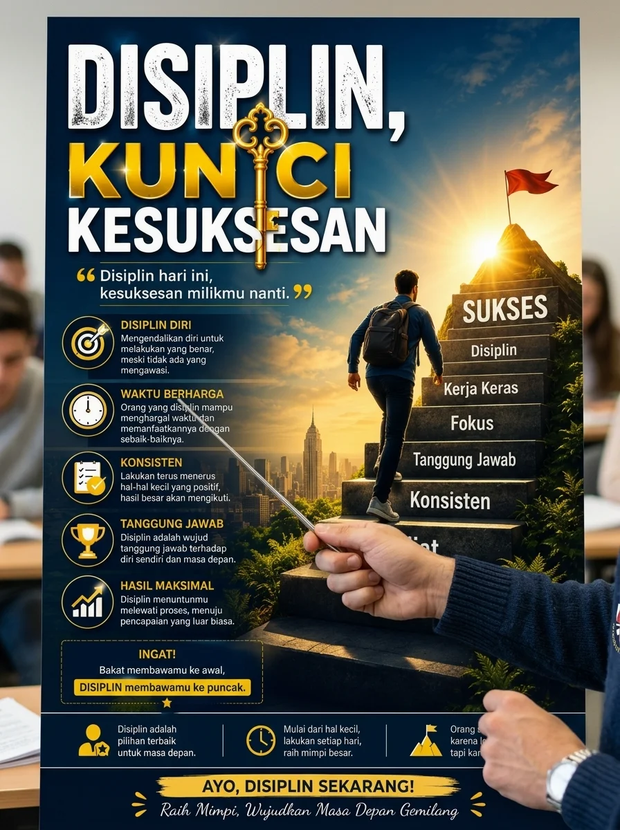 Poster Motivasi Disiplin Kunci Kesuksesan Hiasan Dinding Minimalis Pajangan Ruang Kerja Belajar