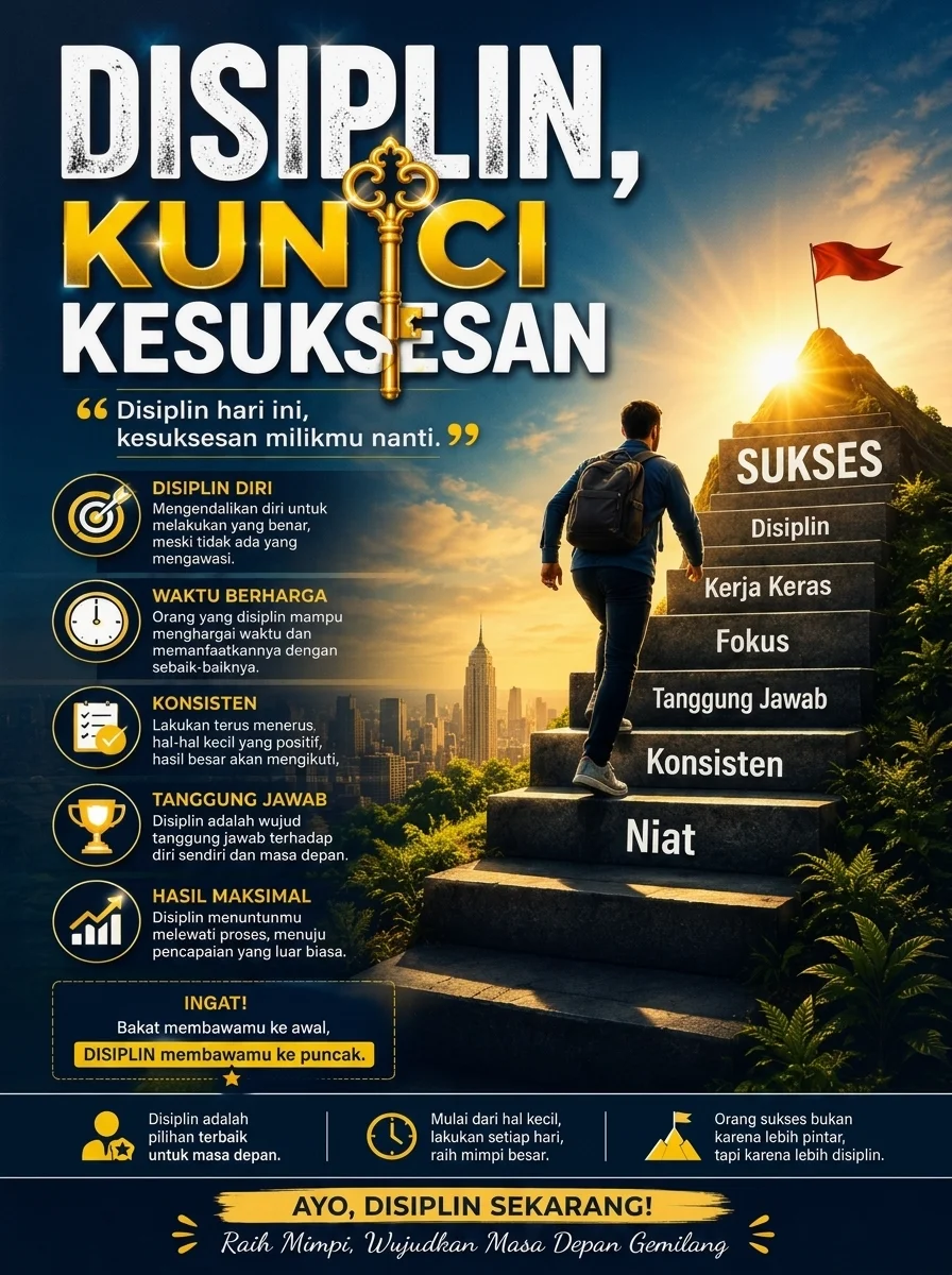 Poster Motivasi Disiplin Kunci Kesuksesan Hiasan Dinding Minimalis Pajangan Ruang Kerja Belajar