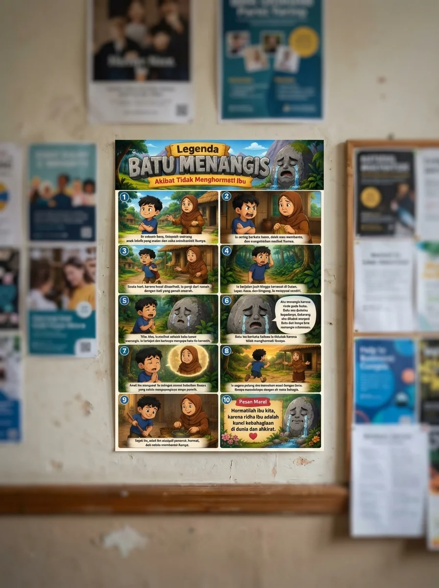 Poster Dongeng Batu Menangis Cerita Rakyat Pesan Moral Hormati Orang Tua Edukasi Karakter