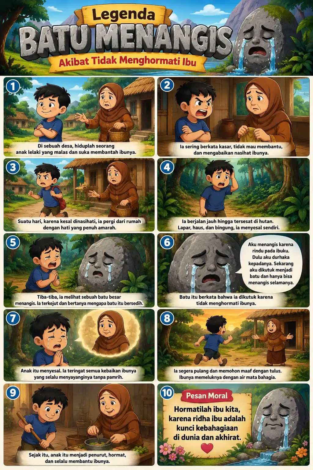 Poster Dongeng Batu Menangis Cerita Rakyat Pesan Moral Hormati Orang Tua Edukasi Karakter