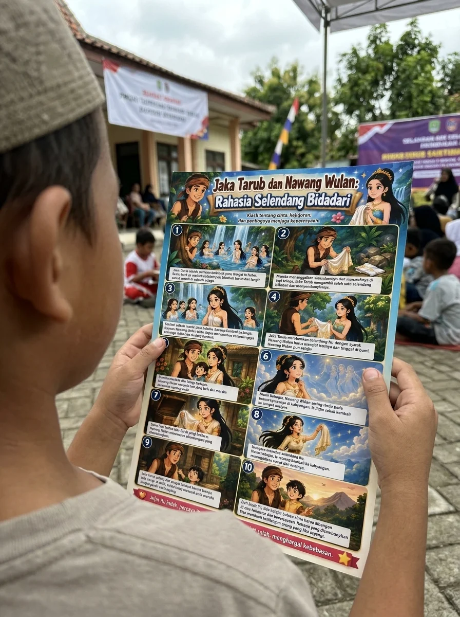 Poster Edukasi Anak Jaka Tarub dan Nawang Wulan Gambar Legenda Indonesia Rahasia Selendang Bidadari