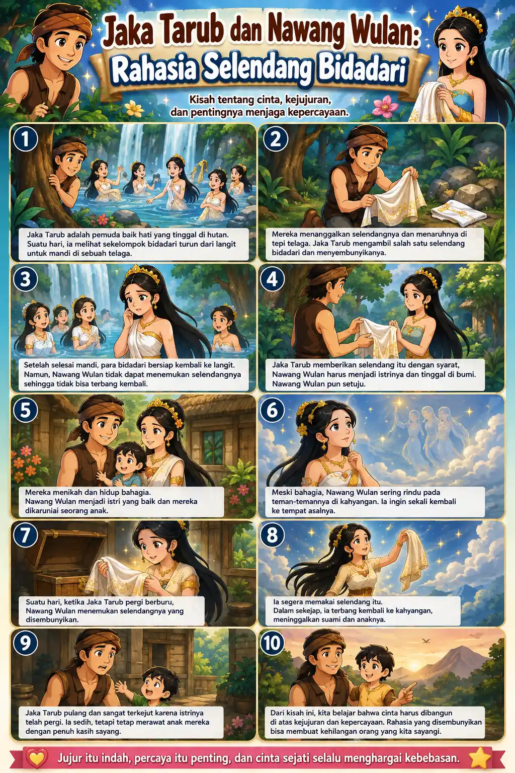 Poster Edukasi Anak Jaka Tarub dan Nawang Wulan Gambar Legenda Indonesia Rahasia Selendang Bidadari