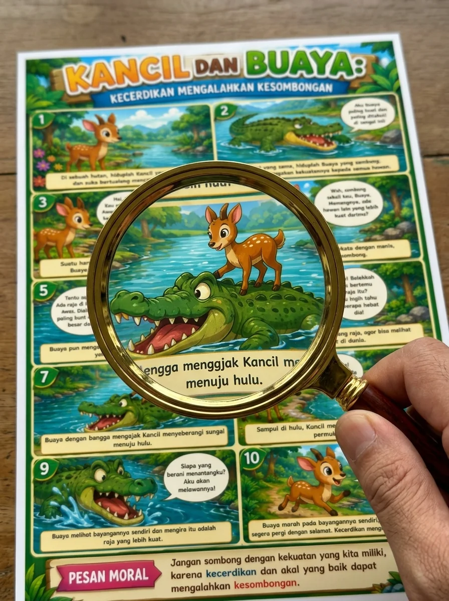 Poster Edukasi Anak Dongeng Kancil dan Buaya Hiasan Dinding Sekolah TK SD Murah