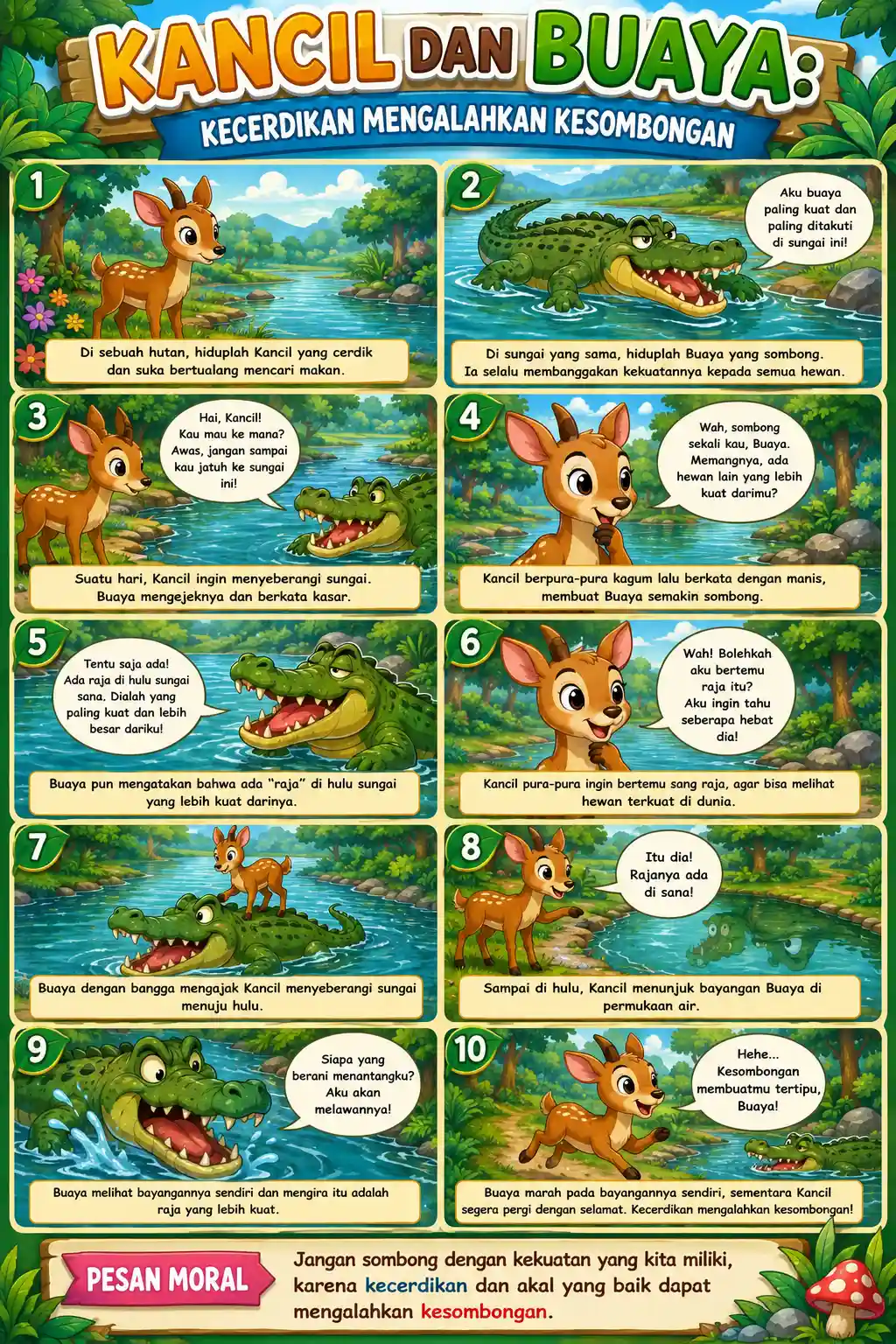 Poster Edukasi Anak Dongeng Kancil dan Buaya Hiasan Dinding Sekolah TK SD Murah