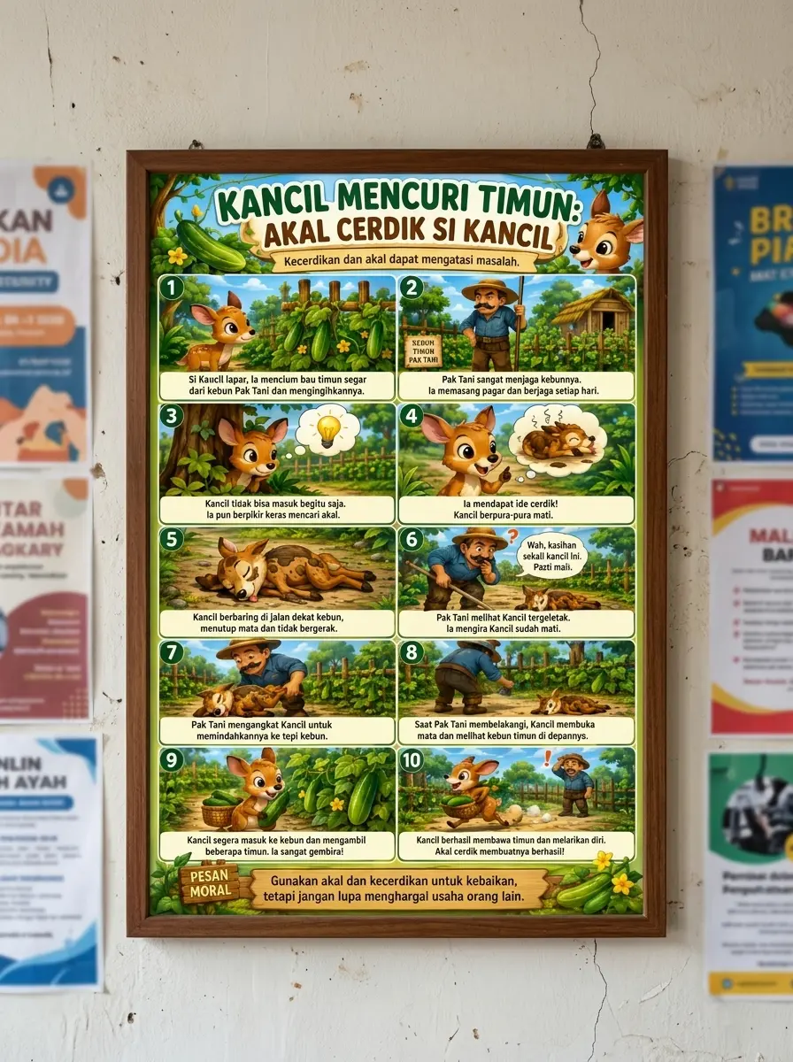 Poster Belajar Anak Seri Dongeng Nusantara Kancil Mencuri Timun Akal Cerdik Si Kancil Original