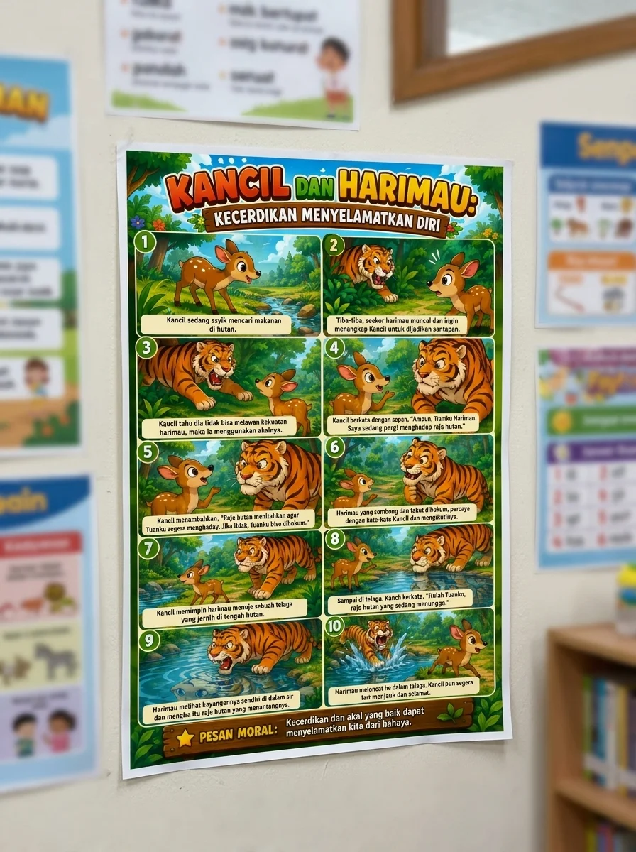 Poster Edukasi Anak Dongeng Kancil dan Harimau Hiasan Dinding Kamar Belajar PAUD TK SD Murah
