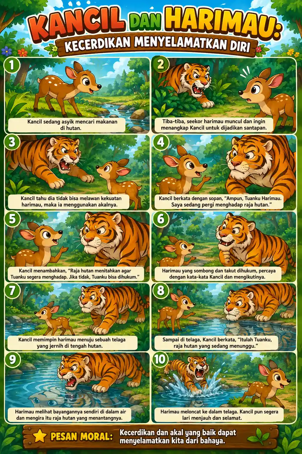 Poster Edukasi Anak Dongeng Kancil dan Harimau Hiasan Dinding Kamar Belajar PAUD TK SD Murah