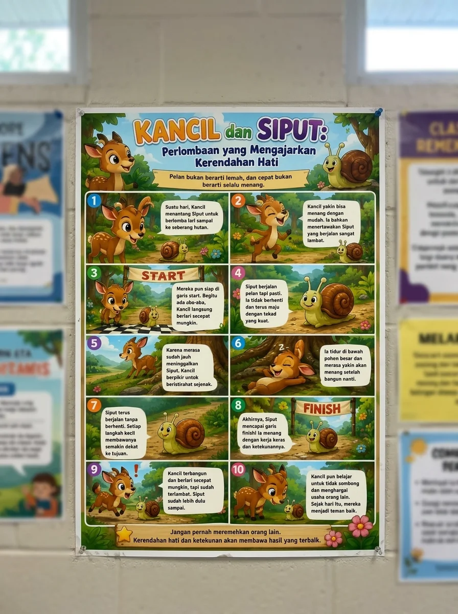 Poster Edukasi Anak Dongeng Kancil dan Siput - Cerita Fabel Media Belajar TK SD Hiasan Dinding Dekorasi Kamar