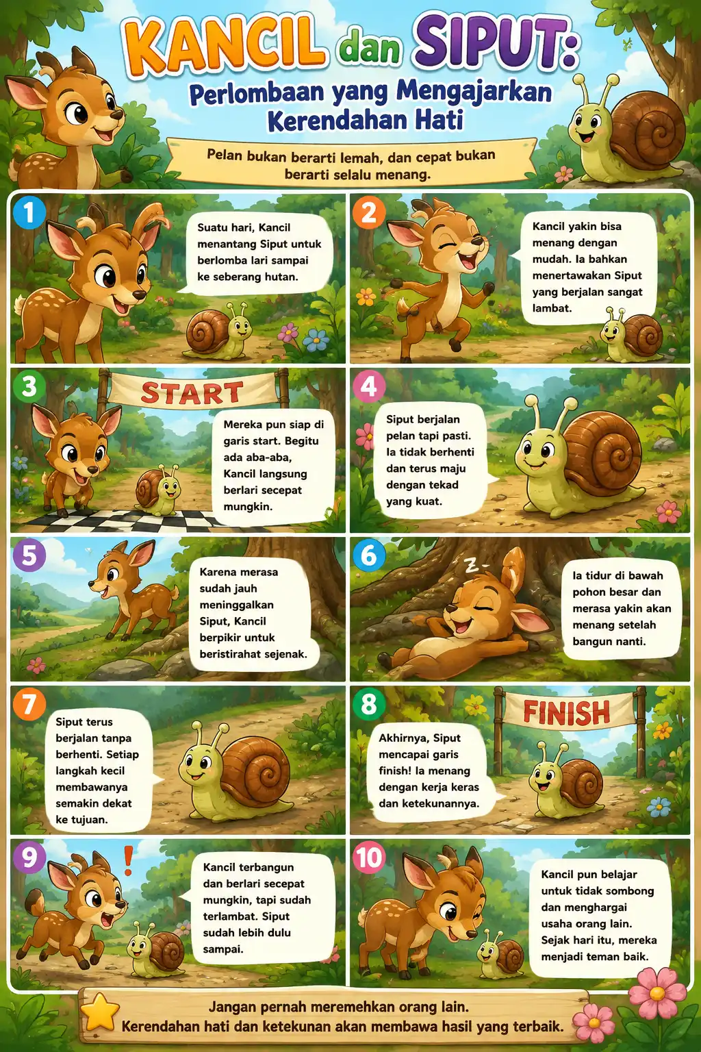 Poster Edukasi Anak Dongeng Kancil dan Siput - Cerita Fabel Media Belajar TK SD Hiasan Dinding Dekorasi Kamar