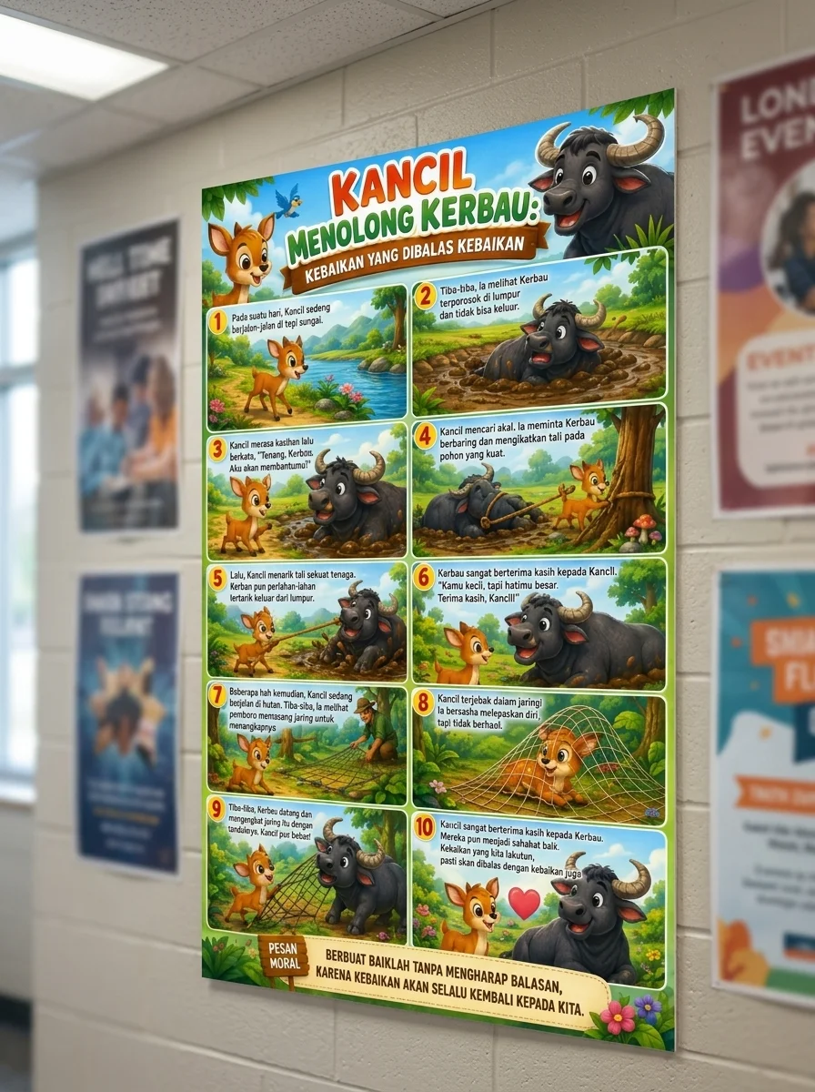 Poster Edukasi Anak Dongeng Si Kancil Menolong Kerbau - Hiasan Dinding Belajar TK PAUD SD
