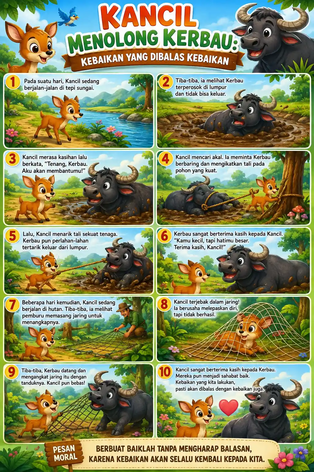 Poster Edukasi Anak Dongeng Si Kancil Menolong Kerbau - Hiasan Dinding Belajar TK PAUD SD
