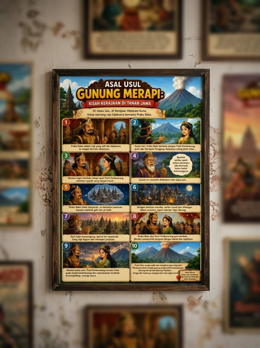 Poster Edukasi Asal Usul Gunung Merapi Kisah Kerajaan Tanah Jawa Legenda Indonesia Hiasan Dinding A3