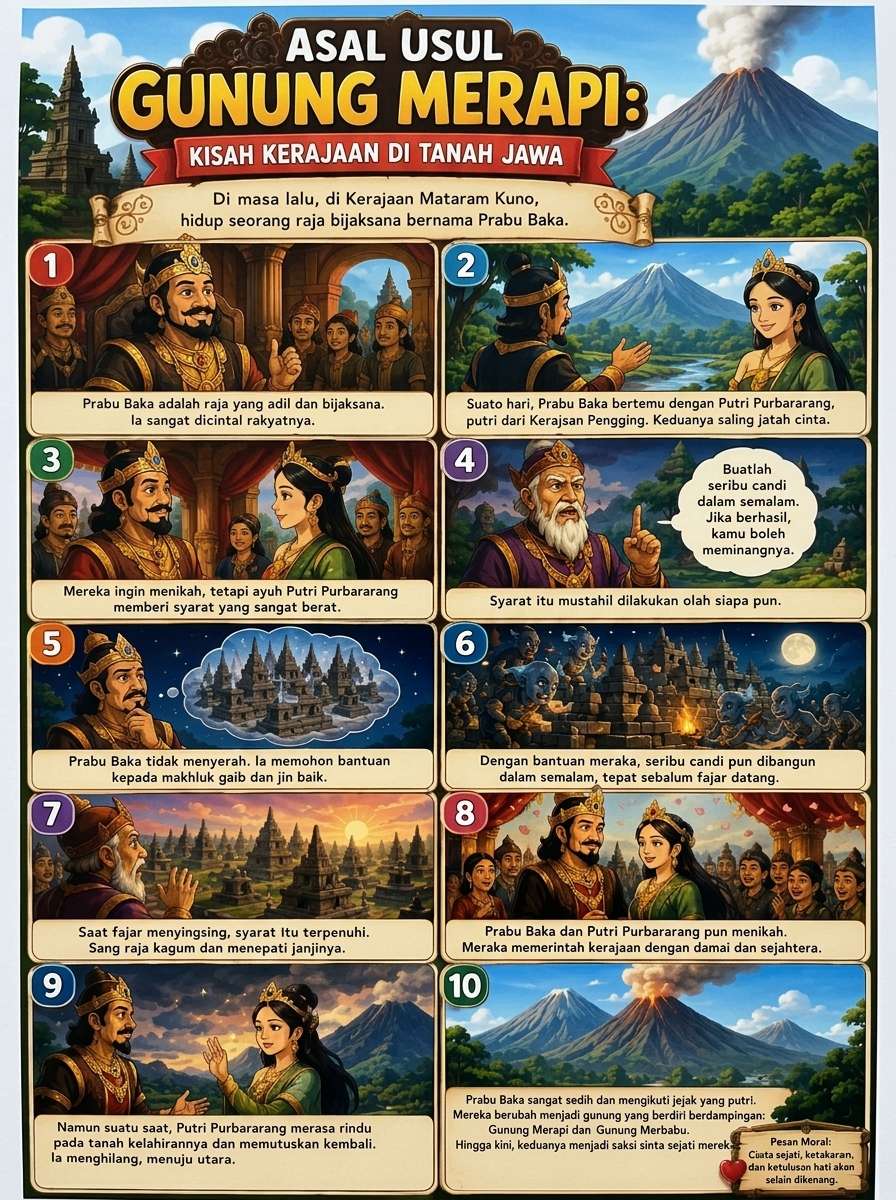 Poster Edukasi Asal Usul Gunung Merapi Kisah Kerajaan Tanah Jawa Legenda Indonesia Hiasan Dinding A3