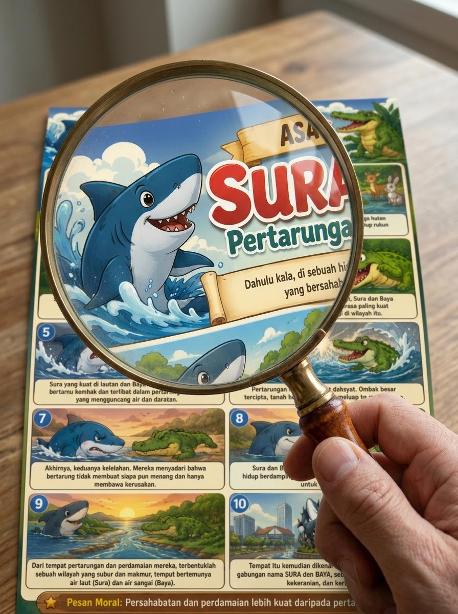 Poster Edukasi Anak Cerita Rakyat Asal Usul Kota Surabaya Sura dan Baya Hiasan Dinding Pajangan A3