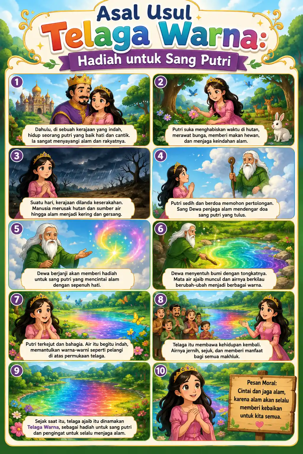 Poster Edukasi Anak Cerita Rakyat Asal Usul Telaga Warna Hiasan Dinding Kamar Estetik Kado Unik