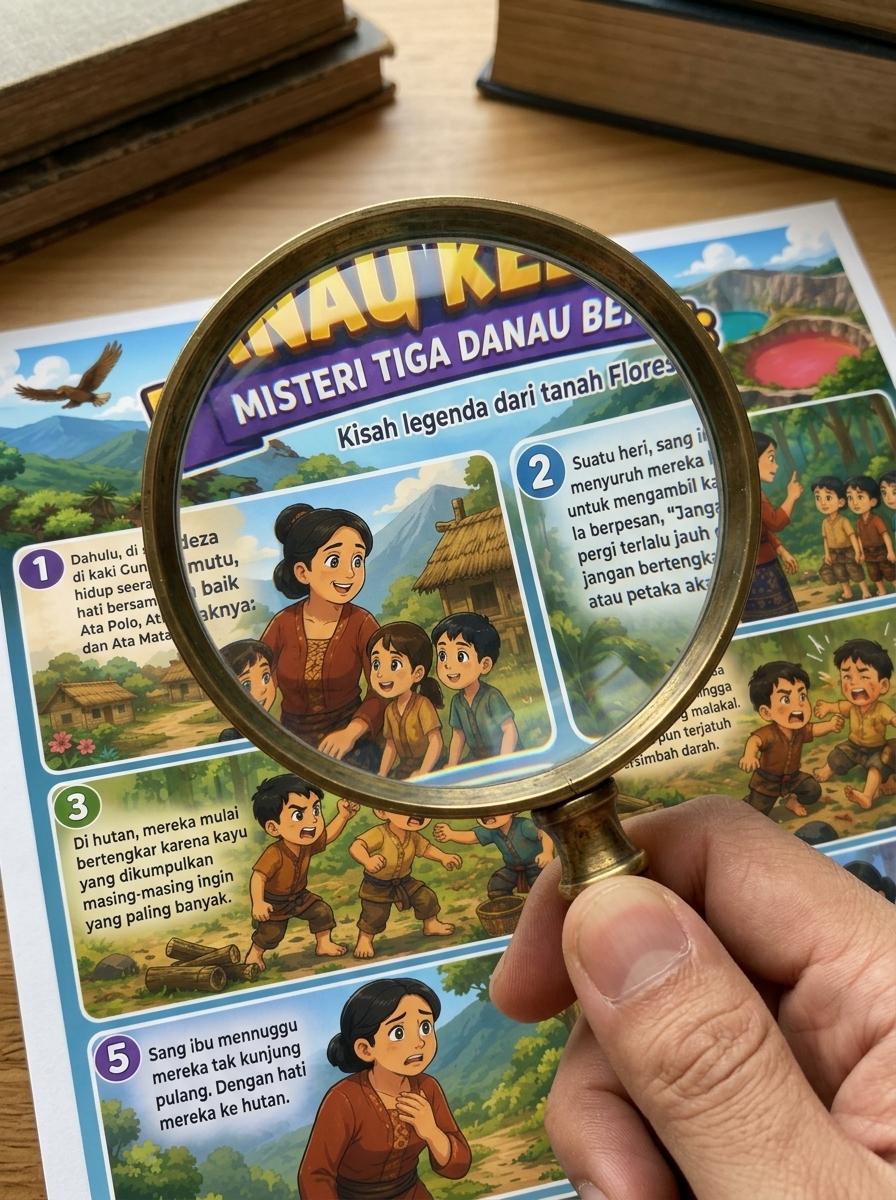 Poster Edukasi Anak Cerita Rakyat Danau Kelimutu NTT Hiasan Dinding Budaya Indonesia Berkualitas