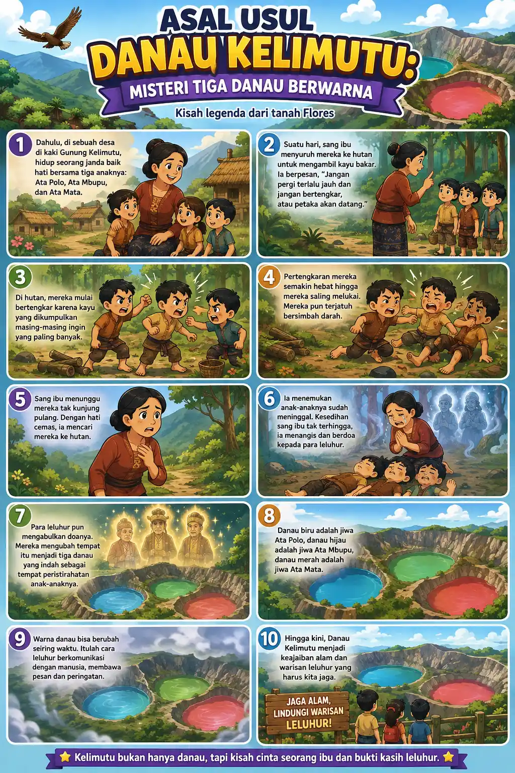 Poster Edukasi Anak Cerita Rakyat Danau Kelimutu NTT Hiasan Dinding Budaya Indonesia Berkualitas