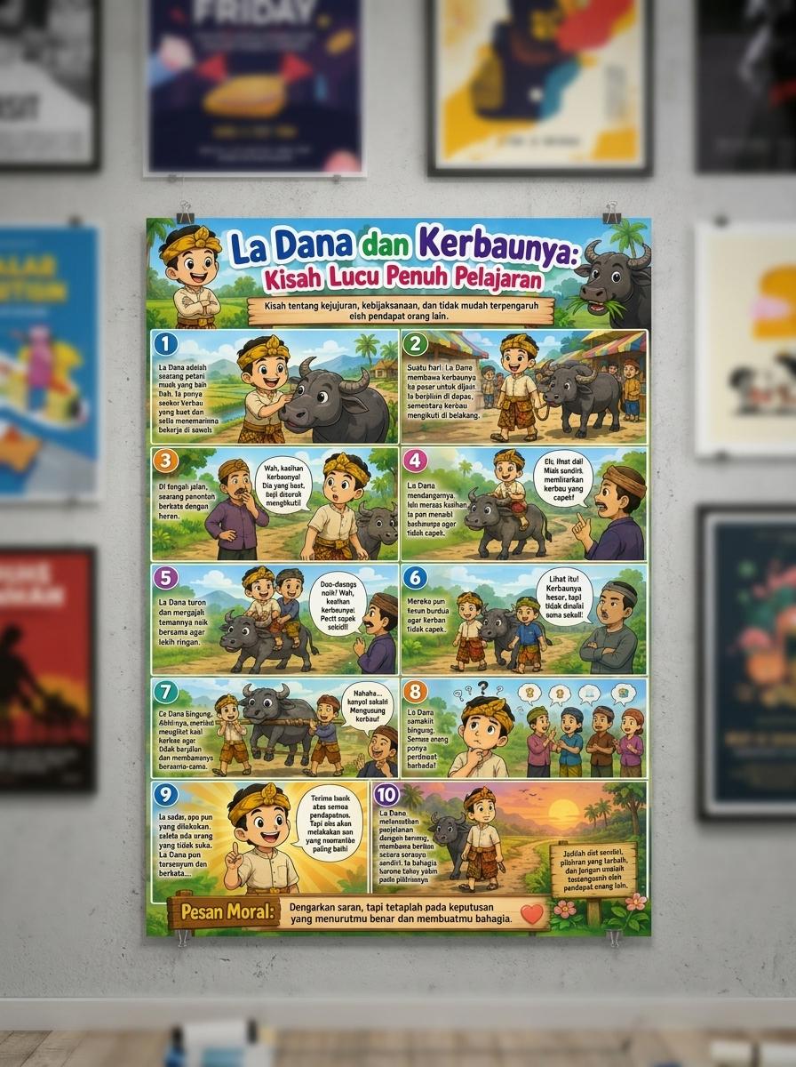 Poster Edukasi Anak Cerita Rakyat La Dana dan Kerbaunya Hiasan Dinding Kamar Lucu Original