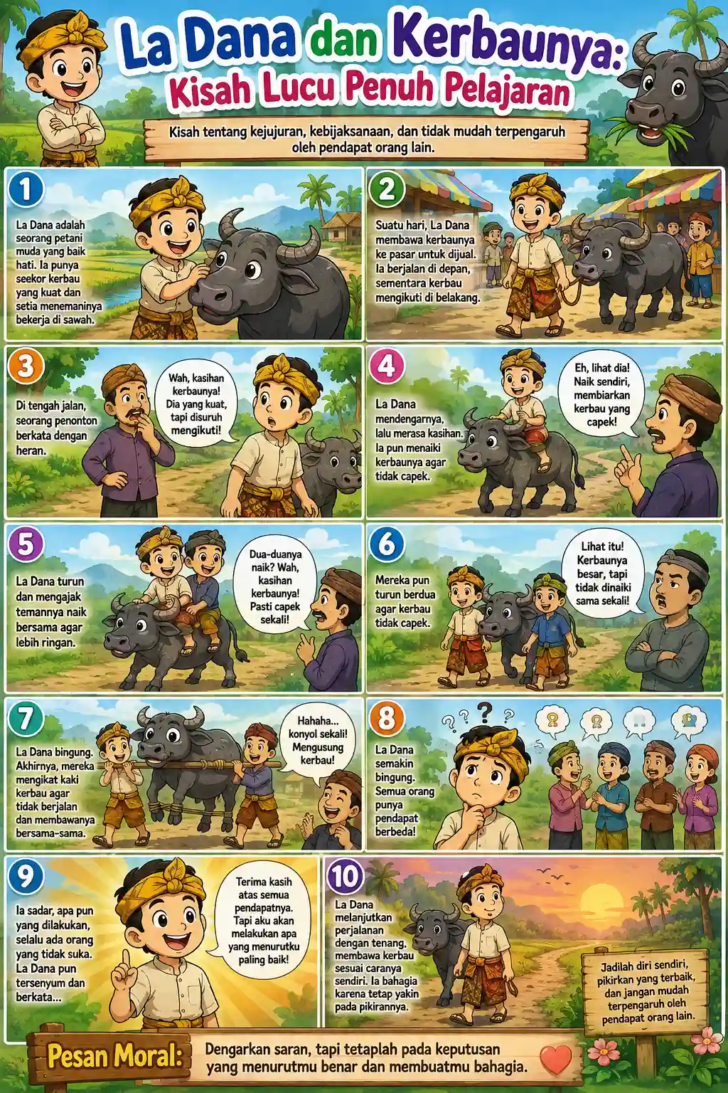 Poster Edukasi Anak Cerita Rakyat La Dana dan Kerbaunya Hiasan Dinding Kamar Lucu Original