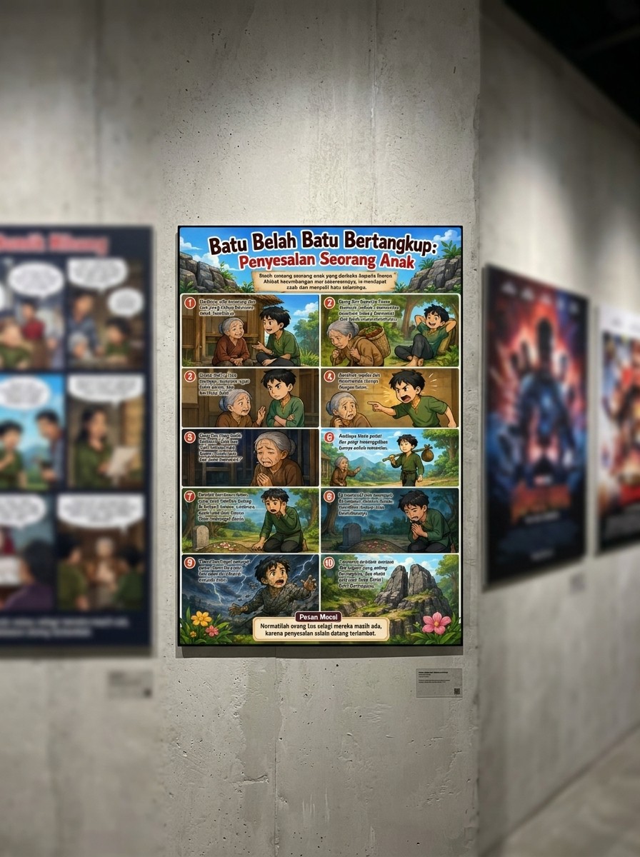 Poster Edukasi Anak Cerita Rakyat Batu Belah Batu Bertangkup - Hiasan Dinding Estetik Dongeng Nusantara
