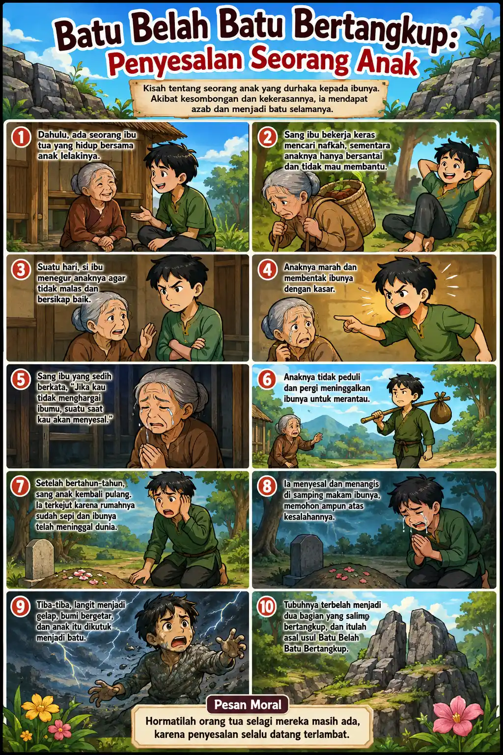 Poster Edukasi Anak Cerita Rakyat Batu Belah Batu Bertangkup - Hiasan Dinding Estetik Dongeng Nusantara