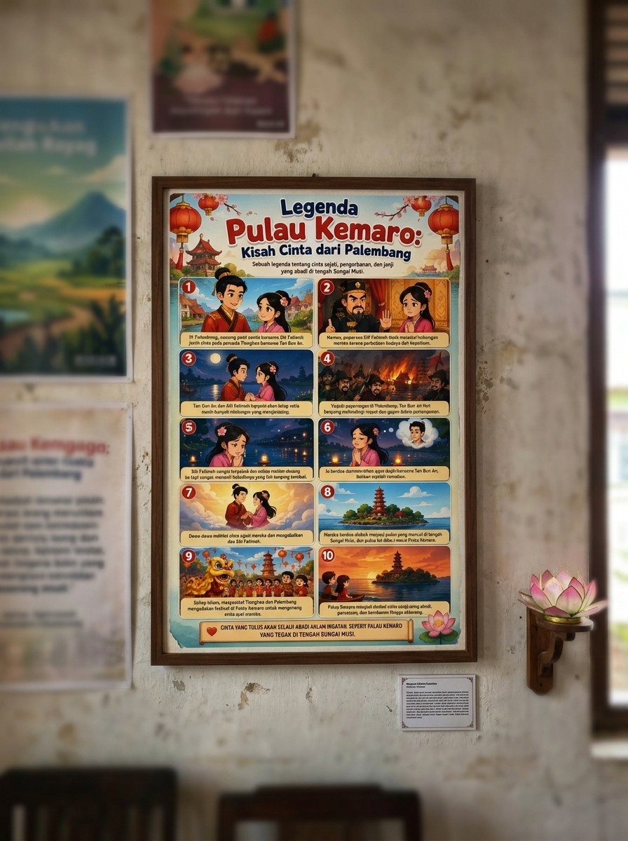 Poster Edukasi Legenda Pulau Kemaro Palembang - Souvenir Pajangan Dinding Cerita Rakyat Indonesia Kisah Cinta Tan Bun An