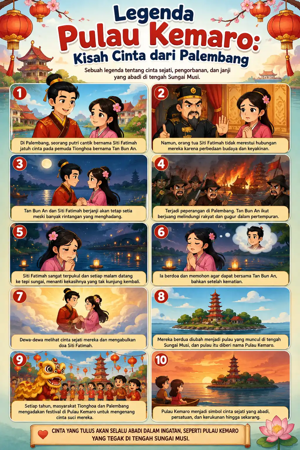 Poster Edukasi Legenda Pulau Kemaro Palembang - Souvenir Pajangan Dinding Cerita Rakyat Indonesia Kisah Cinta Tan Bun An