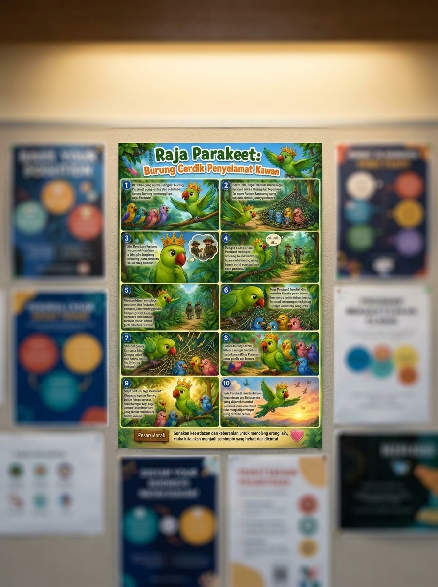 Poster Edukasi Anak Seri Cerita Rakyat Raja Parakeet Burung Cerdik Dekorasi Dinding A3+