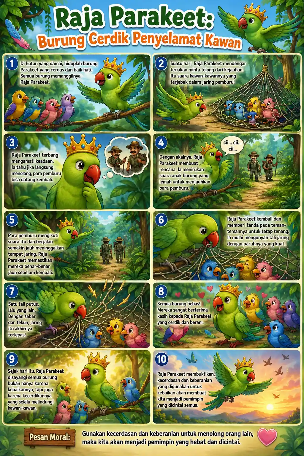 Poster Edukasi Anak Seri Cerita Rakyat Raja Parakeet Burung Cerdik Dekorasi Dinding A3+