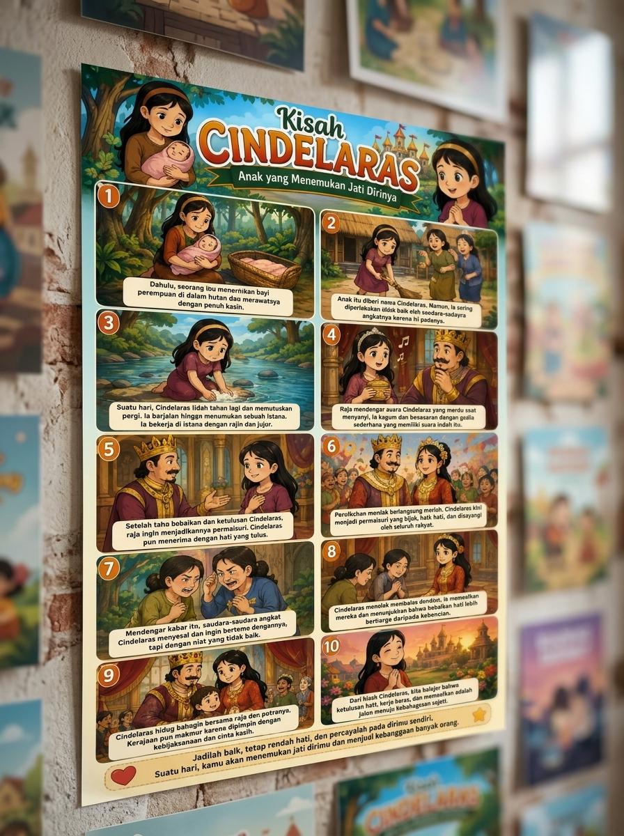 Poster Edukasi Anak Kisah Cindelaras Cerita Rakyat Indonesia - Dekorasi Dinding Belajar Anak Sekolah TK SD Premium