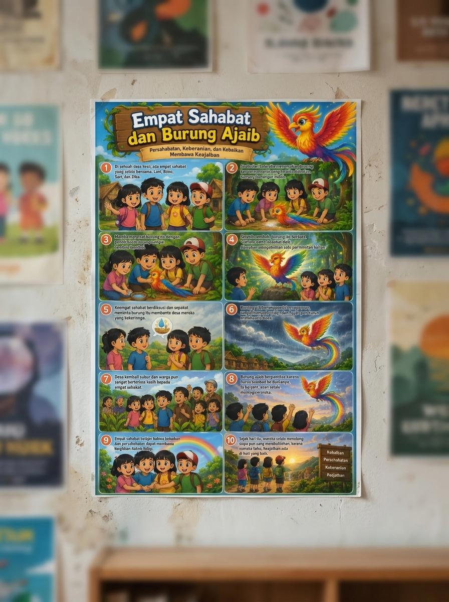Poster Edukasi Anak Empat Sahabat dan Burung Ajaib Hiasan Dinding Kamar Anak Murah Berkualitas
