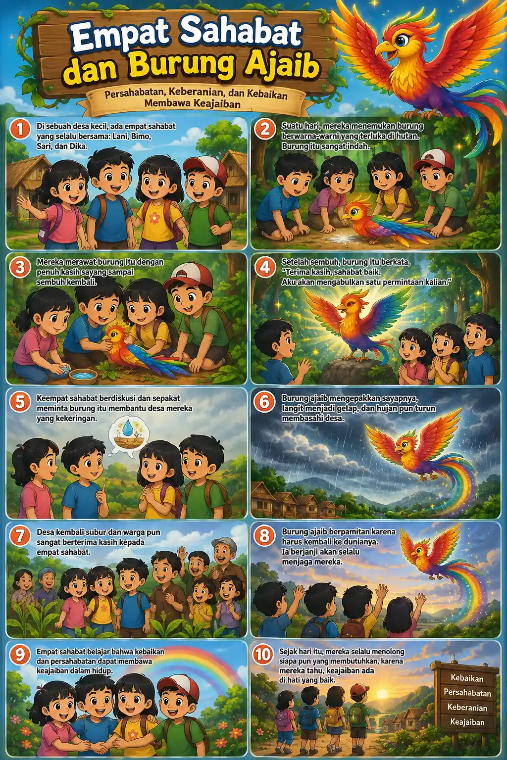 Poster Edukasi Anak Empat Sahabat dan Burung Ajaib Hiasan Dinding Kamar Anak Murah Berkualitas