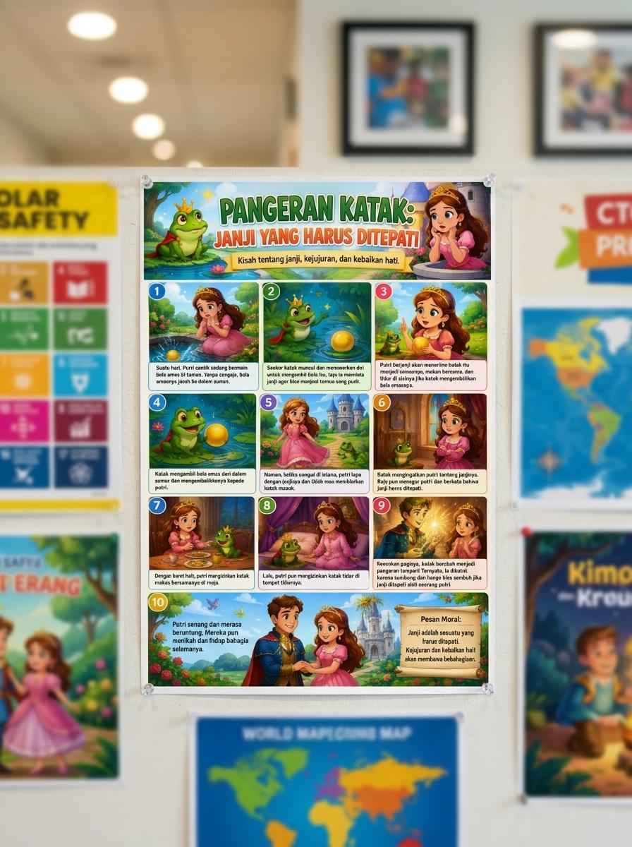 Poster Edukasi Anak Cerita Dongeng Pangeran Katak Janji Yang Harus Ditepati - Dekorasi Dinding Lucu Ukuran A3+