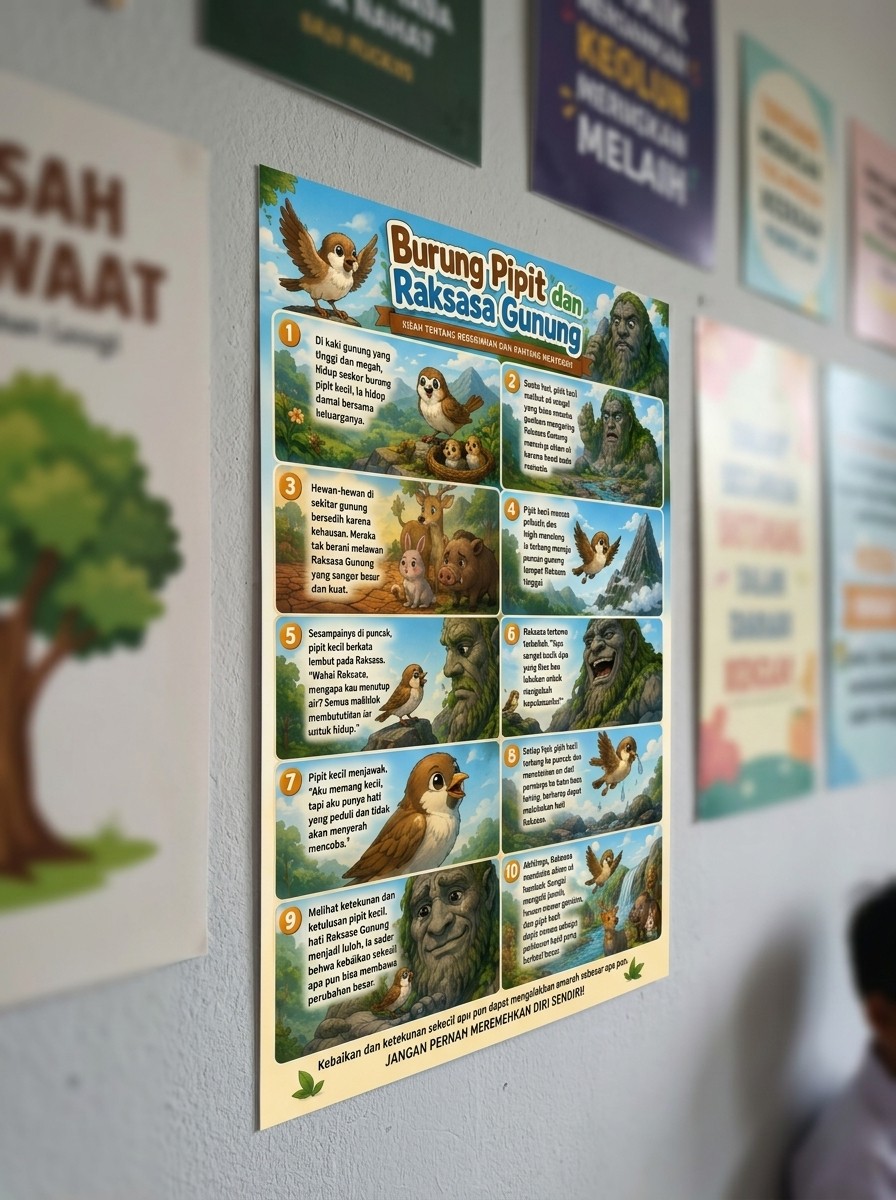 Poster Edukasi Anak Burung Pipit dan Raksasa Gunung Hiasan Dinding Dongeng - Murah Berkualitas