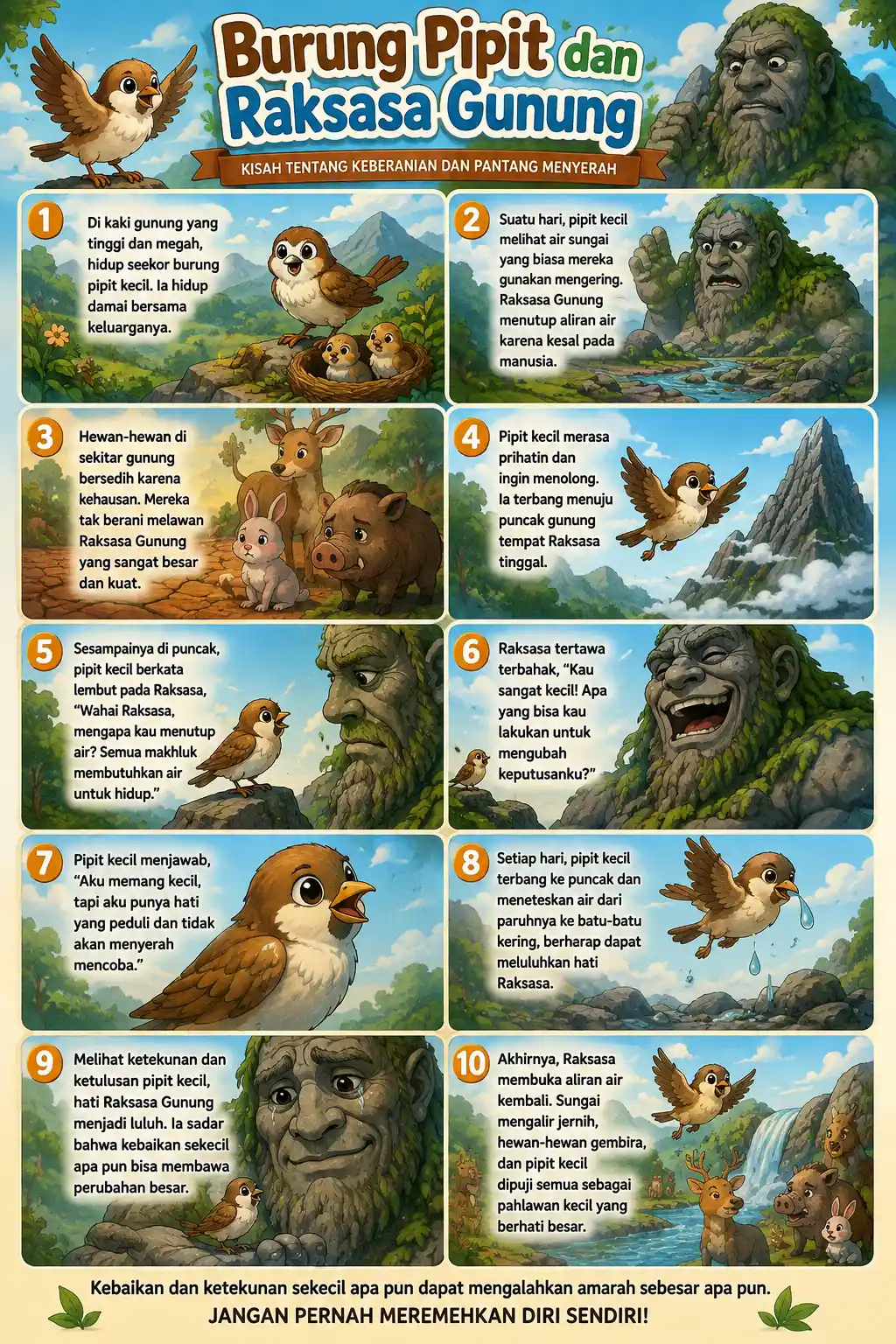 Poster Edukasi Anak Burung Pipit dan Raksasa Gunung Hiasan Dinding Dongeng - Murah Berkualitas
