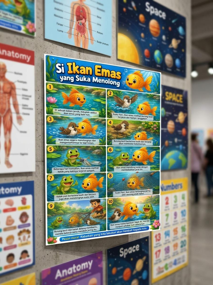 Poster Edukasi Anak Karakter Cerita Si Ikan Emas Yang Suka Menolong Dekorasi Dinding TK PAUD Lucu