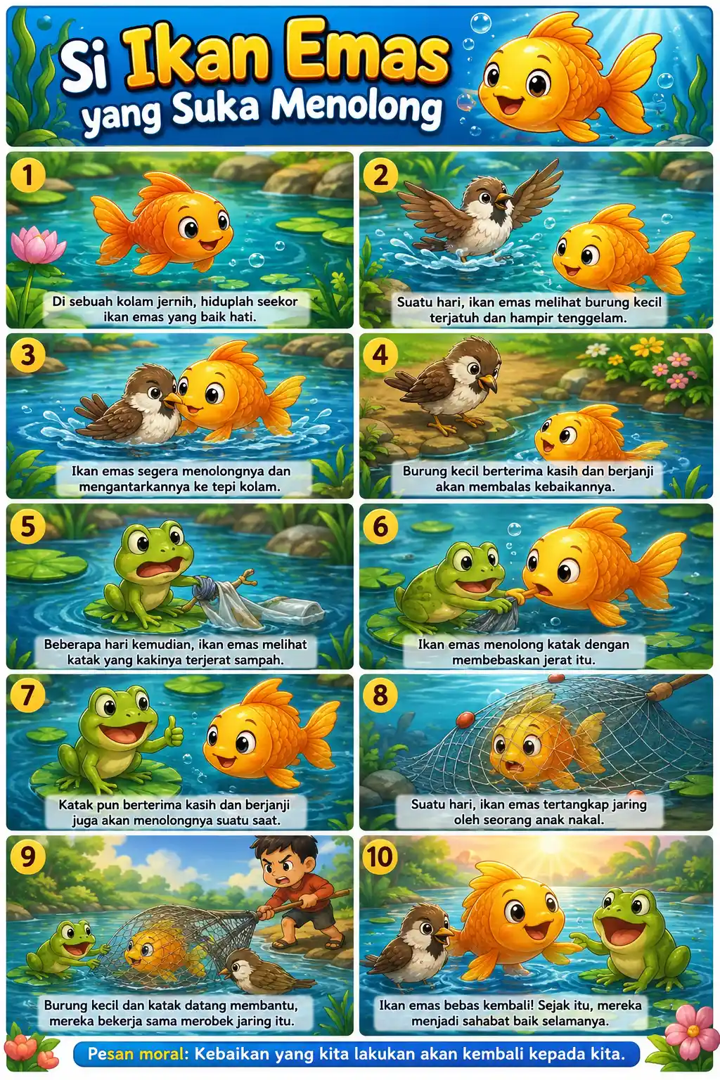 Poster Edukasi Anak Karakter Cerita Si Ikan Emas Yang Suka Menolong Dekorasi Dinding TK PAUD Lucu