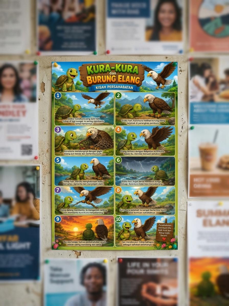 Poster Edukasi Anak Kisah Persahabatan Kura-Kura dan Burung Elang Hiasan Dinding Dongeng Fabel Lucu