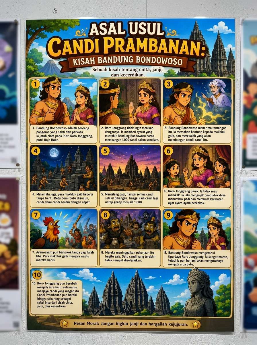 Poster Edukasi Cerita Rakyat Legenda Candi Prambanan Bandung Bondowoso Roro Jonggrang Media Belajar Anak