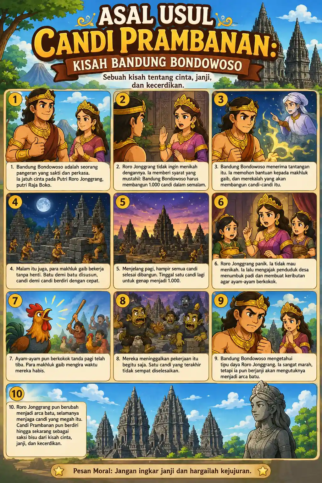 Poster Edukasi Cerita Rakyat Legenda Candi Prambanan Bandung Bondowoso Roro Jonggrang Media Belajar Anak