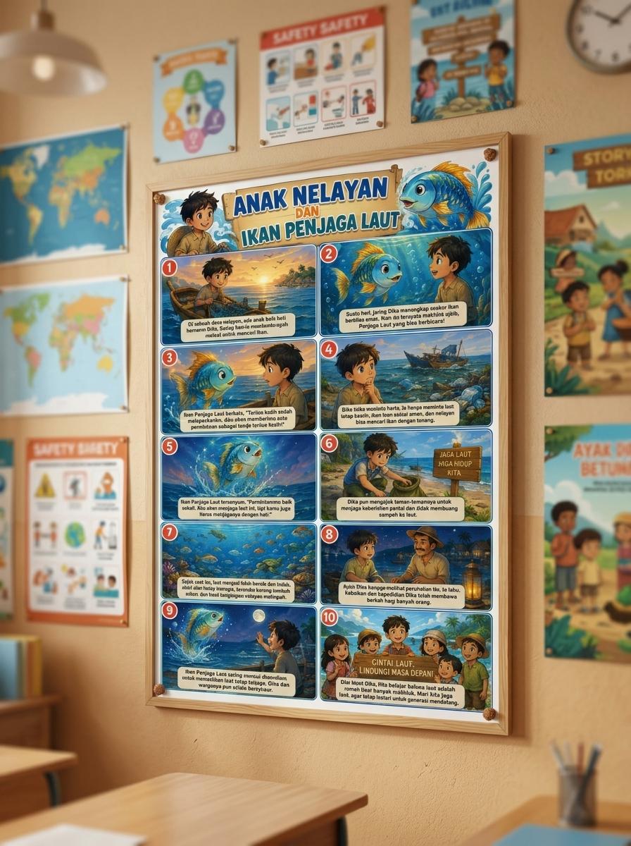 Poster Edukasi Anak Nelayan dan Ikan Penjaga Laut Hiasan Dinding Kamar Estetik A3+