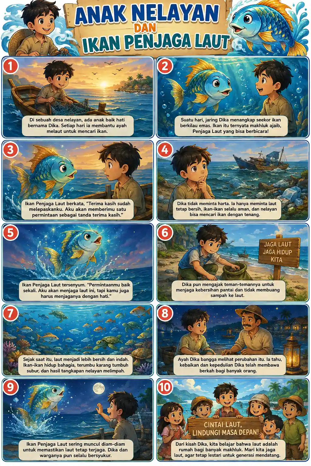Poster Edukasi Anak Nelayan dan Ikan Penjaga Laut Hiasan Dinding Kamar Estetik A3+