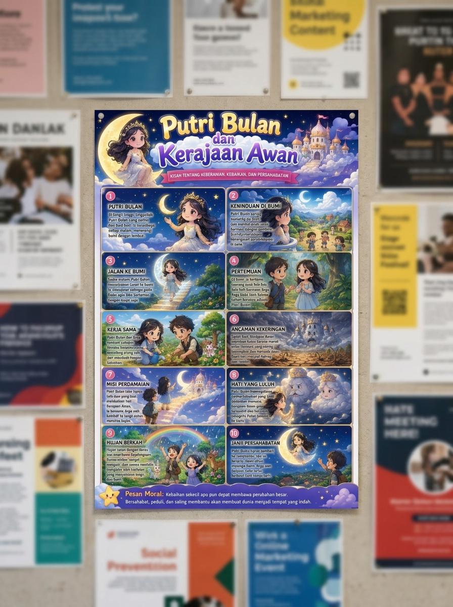 Hiasan Dinding Aesthetic Poster Putri Bulan & Kerajaan Awan Dekorasi Kamar Anak Lucu